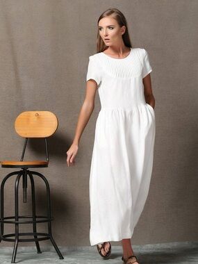 White Pleated Yoke Short Sleeve Maxi Dress